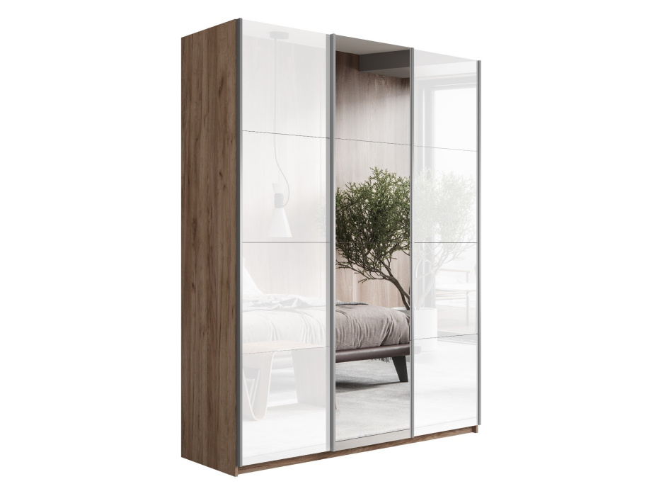 Шкафы-купе 3-х дверные, Шкаф Прайм трио 2-ва Стекла белого+ Зеркало 2300 x 2100 x 570