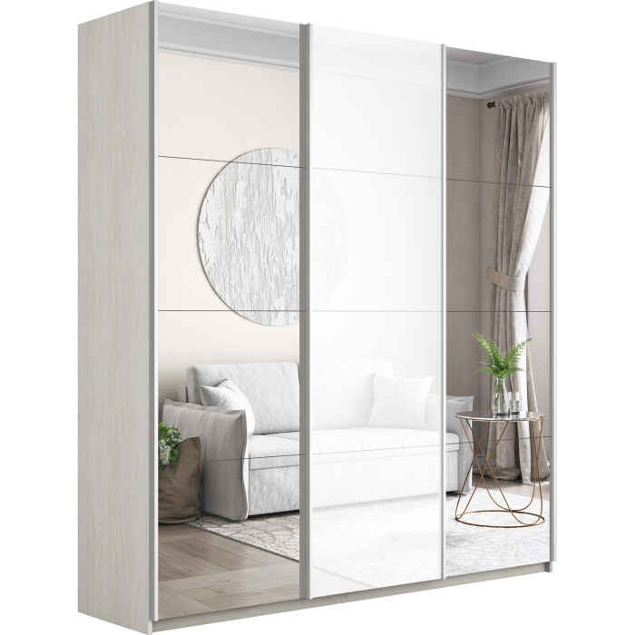 Шкафы-купе 3-х дверные, Шкаф-купе Прайм 3-х дверный Зеркала/Стекло белое/Доводчики 180х57х230