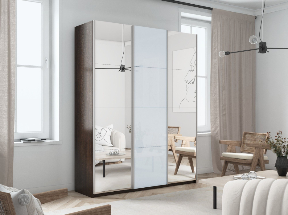 Шкафы-купе 3-х дверные, Шкаф-купе Прайм 3-х дверный Зеркала/Стекло белое/Доводчики 210х57х230