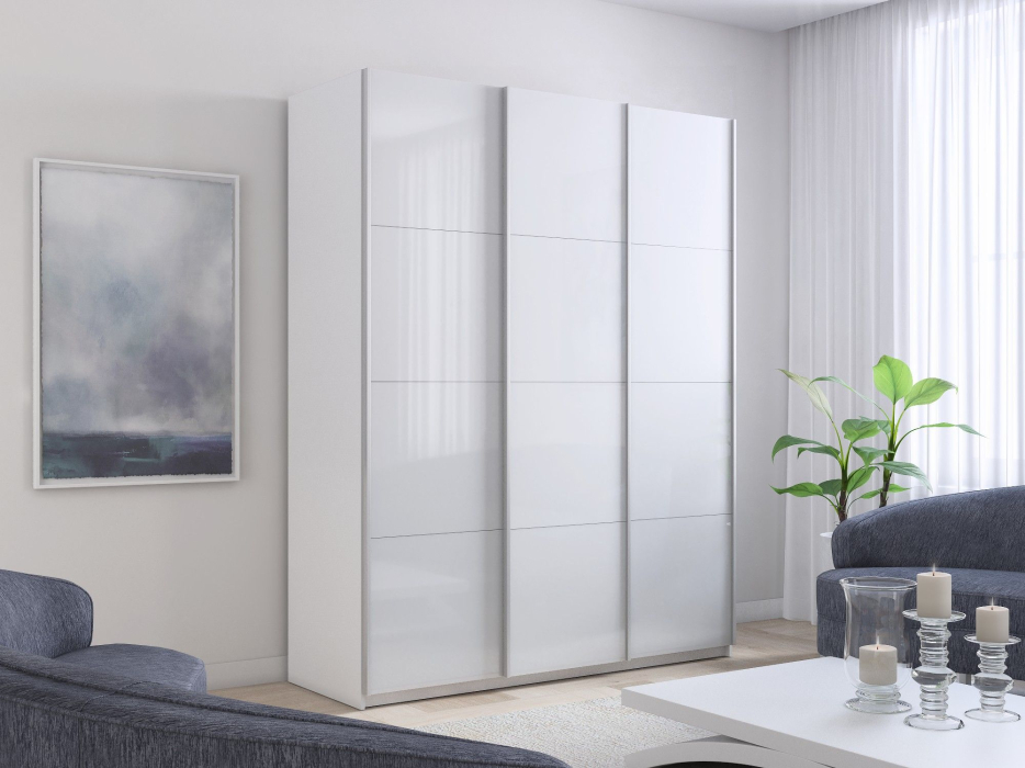 Шкафы-купе 3-х дверные, Шкаф-купе Прайм 3-х дверный Стекла белые/Доводчики 180х57х230