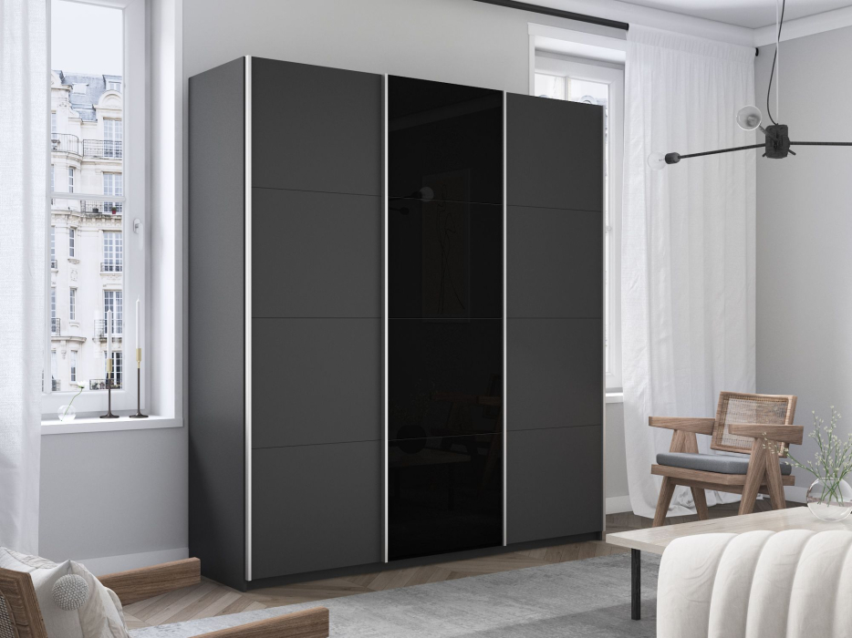 Шкафы-купе 3-х дверные, Шкаф-купе Прайм 3-х дверный ДСП/Стекло черное/Доводчики 180х57х230