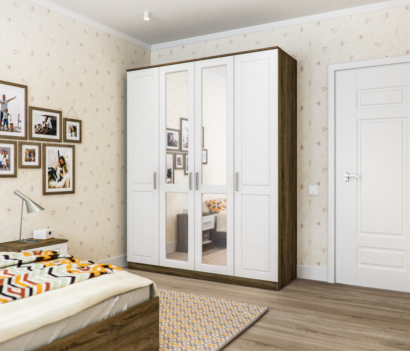 Шкафы распашные, Шкаф 4х дверный с зеркалом Илона СБ-3075 Дуб Сонома Трюфель/Сандал Белый