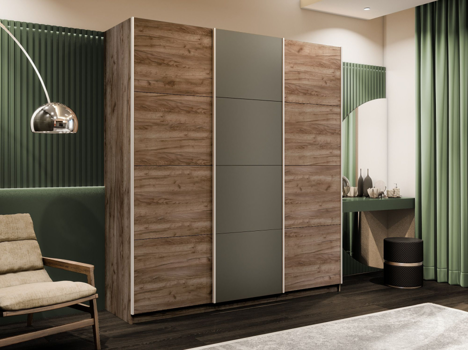 Шкафы-купе 3-х дверные, Шкаф-купе Эста 3-х дверный ДСП/Стекла хаки/Доводчик 300х66х240