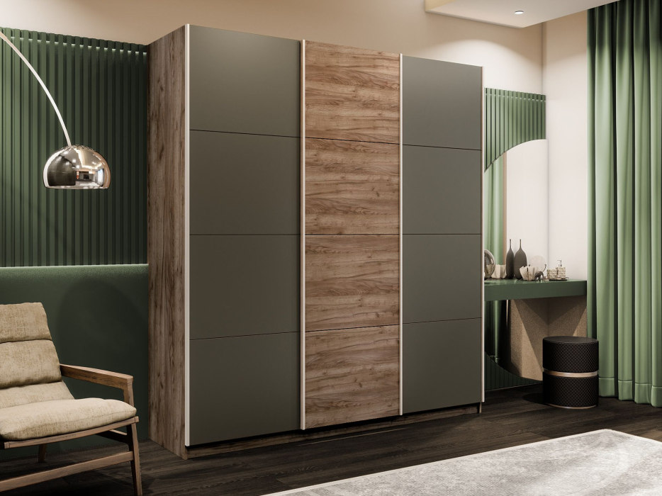 Шкафы-купе 3-х дверные, Шкаф-купе Эста 3-х дверный ДСП/Стекла хаки/Доводчик 300х66х240