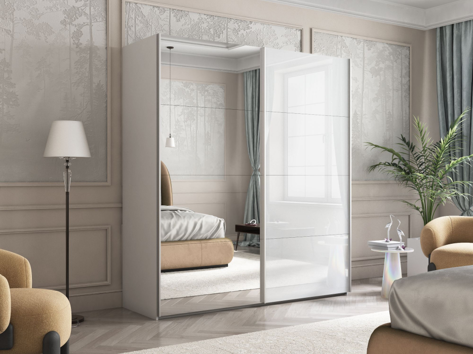 Шкафы-купе 2-х дверные, Шкаф Эста дуо Стекло белое/зеркало 2400 х 1800 х 660