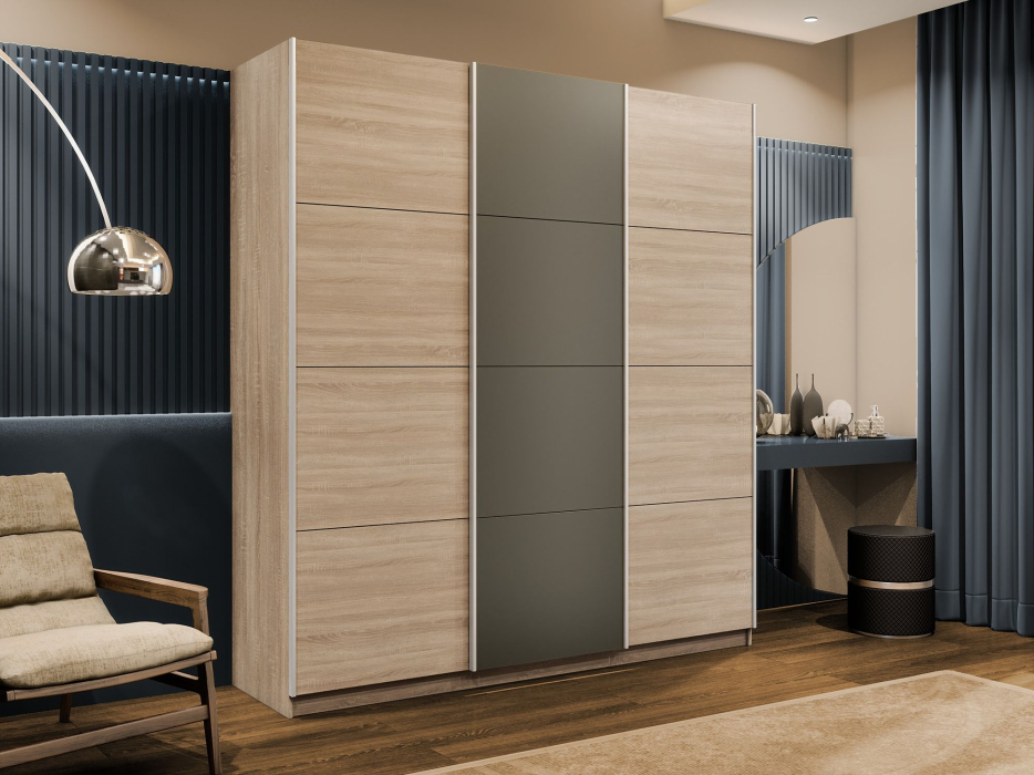 Шкафы-купе 3-х дверные, Шкаф-купе Эста 3-х дверный ДСП/Стекла хаки/Доводчик 300х66х240